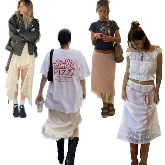 Vintage Slip Maxi Skirt Women M Ivory Peach Lace Front Slit Coquette Feminine - Picture 2 of 11